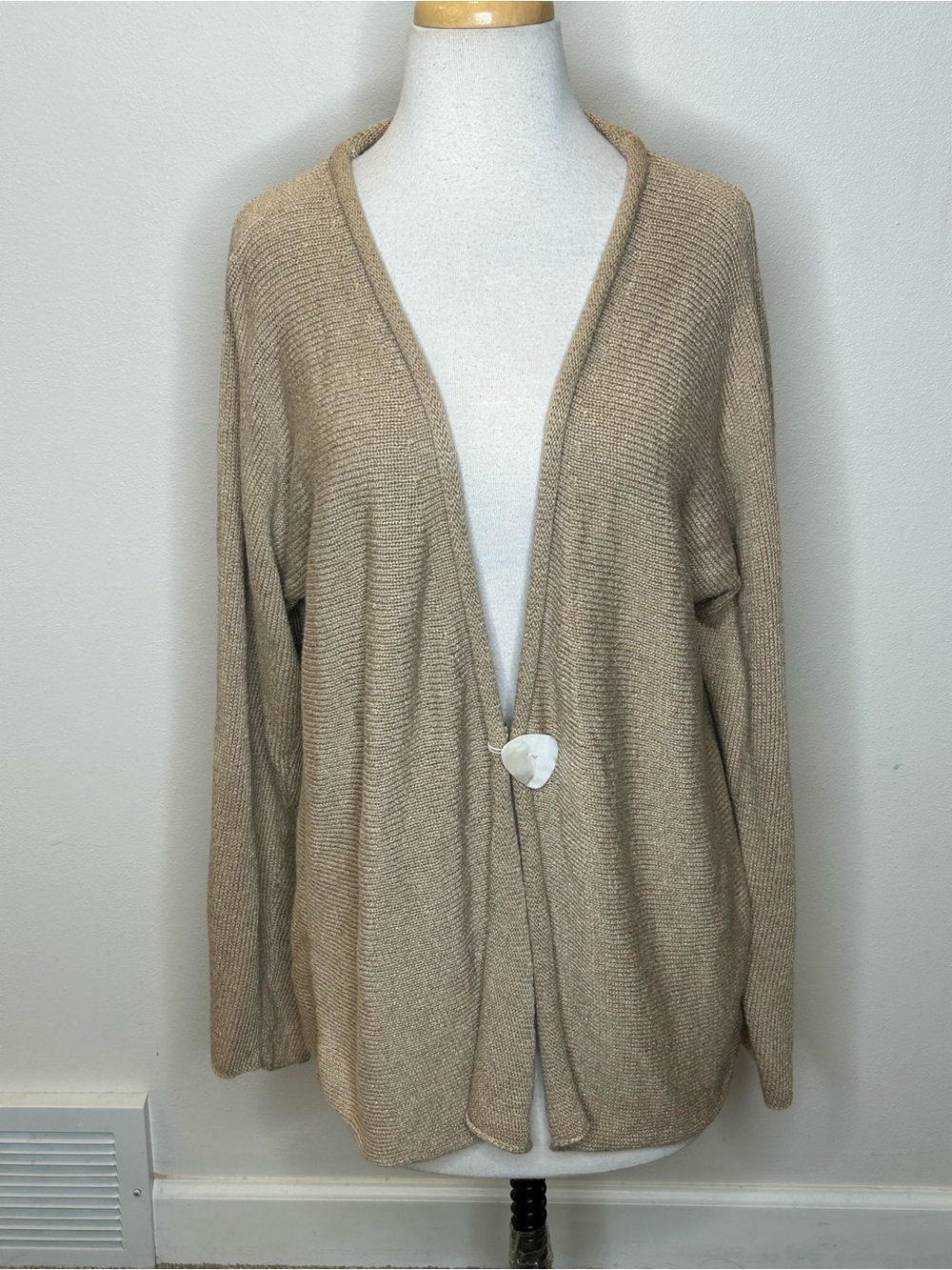 Laura Ashley Beige Open-Front Knit Cardigan with Shell Button L